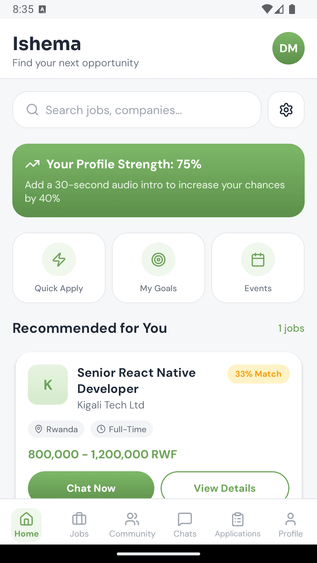 Ishema app showing job matches and profile strength